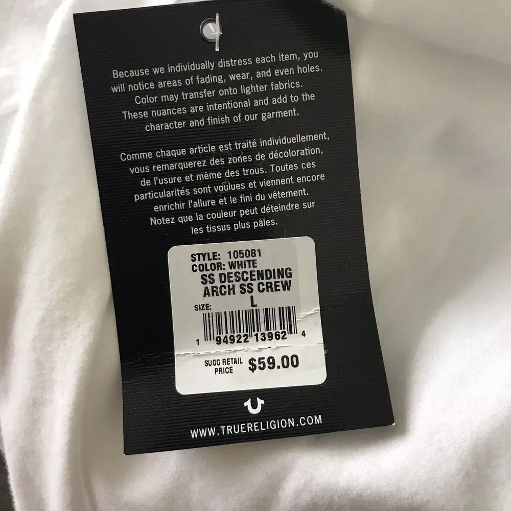 True Religion Mens Descending Arch Short Sleeve Tee White Size Large $59